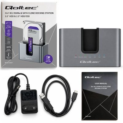11. Qoltec 52631 Stacja dokująca HDD SSD | SATA | M.2 NVMe | Klonowanie | USB-C | 10Gb/s | 28TB