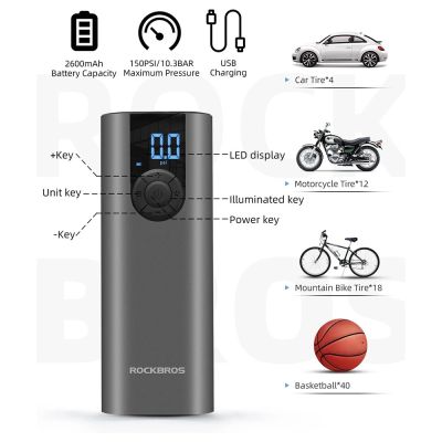 2. Elektryczna pompka do roweru Rockbros 42720001001 z wyświetlaczem LED + kabel USB-C - USB-A - czarna