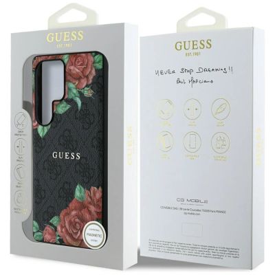 8. Etui Guess Leather 4G Flowers Print Metal Classic Logo MagSafe na Samsung Galaxy S25 Ultra - czarne
