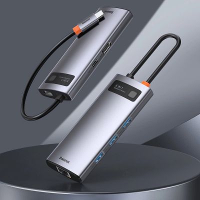 12. HUB Baseus Metal Gleam 6w1 USB-C - USB-C PD 100W 1x HDMI 4K 30Hz 3x USB-A 3.2 1x RJ45 - szary