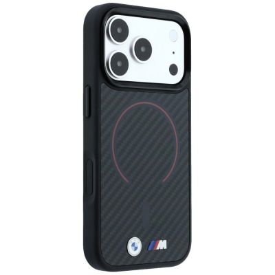 4. Etui BMW M Kevlar Red Print Ring Metal Logo MagSafe na iPhone 18 Pro Max / 17 Pro Max - czarne
