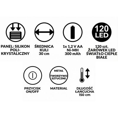 18. LAMPA SOLARNA WISZĄCA KULA 30CM 120 LED CIEPŁY BIAŁY