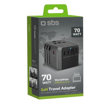 2. Adapter podróżny SBS uniwersalny GaN 70W 3xUSB-C 2xUSB-A z etui - czarny