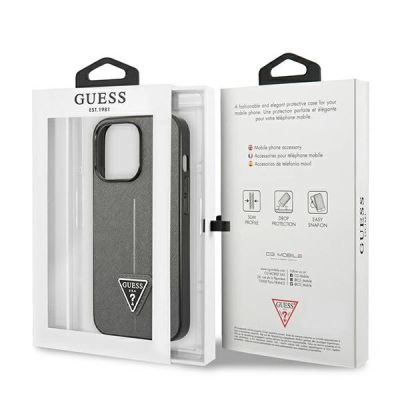 8. Etui Guess Saffiano Triangle Logo na iPhone 14 Pro - srebrne