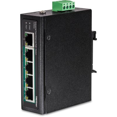 2. Switch TRENDnet TI-PE50 - niezarządzalny - 4 x 10/100 (PoE+) + 1 x 10/100 - możliwość montażu na szynie DIN, montaż na ścianie - PoE+ (90 W) - DC