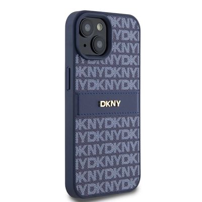 4. Etui DKNY Leather Mono Stripe & Metal Logo na iPhone 15 / 14 / 13 - niebieskie