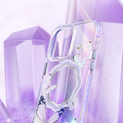 2. Kingxbar Butterfly Series magnetyczne etui iPhone 14 Plus MagSafe etui z motylami różowe