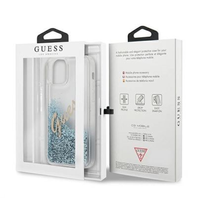 9. Etui Guess Glitter Vintage Script na iPhone 12 Pro Max - niebieskie