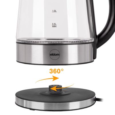 16. ELDOM SZKLANY CZAJNIK BEZPRZEWODOWY C420 KETTY 1850-2200W 1,7L FILTR SIATKOWYPODŚWIETLANY ZBIORNIK, PŁYTA GRZEJNA