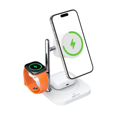 5. Ładowarka bezprzewodowa Acefast E39 Qi2.2 25W 4w1  biurkowa na telefon zegarek i słuchawki z lampką nocną - biała
