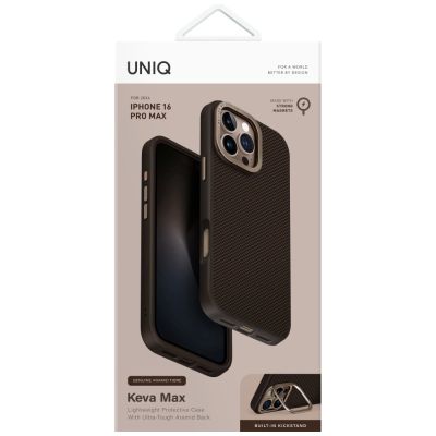 8. Etui UNIQ Keva Max Magclick Charging Camera Stand na iPhone 16 Pro Max - brązowe