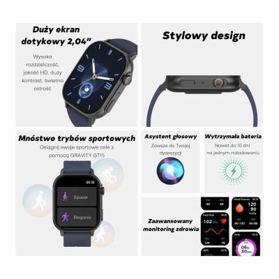 10. Smartwatch Damski GRAVITY GT15-11 Granatowy Pasek Silikonowy + Złota Bransoleta