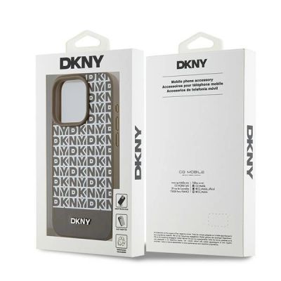 8. Etui DKNY Leather Printed Pattern Metal Logo MagSafe na iPhone 15 Pro Max - brązowe
