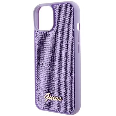 7. Etui Guess Sequin Script Metal na iPhone 15 - fioletowe