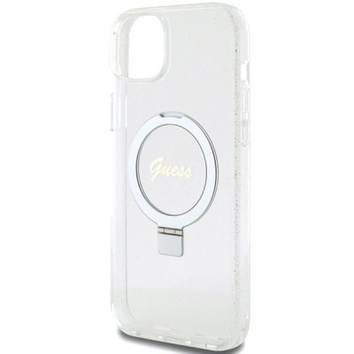6. Etui Guess Ring Stand Script Glitter MagSafe na iPhone 15 Plus / 14 Plus 6.7" - przezroczyste