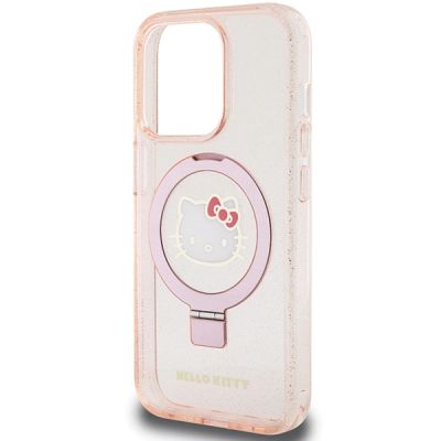 6. Etui Hello Kitty Ring Stand Glitter Electrop Logo MagSafe na iPhone 15 Pro - różowe