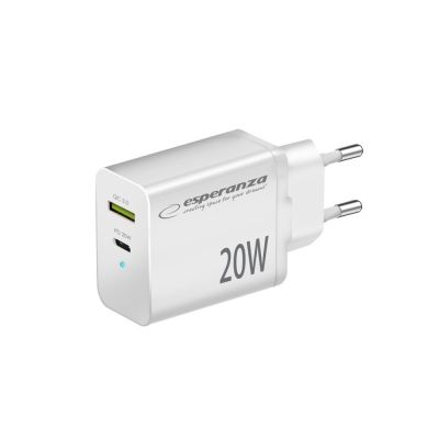 ESPERANZA ŁADOWARKA SIECIOWA 20W USB-C PD 20W / USB-A QC 3.0 18W BIAŁA EZC105W