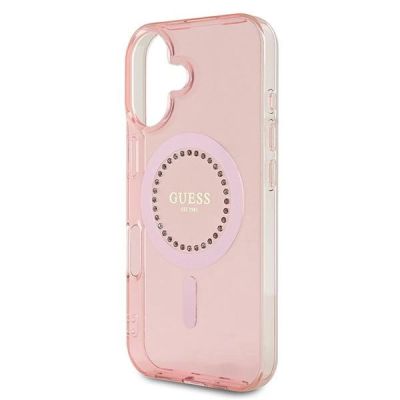 6. Etui Guess IML Rhinestones MagSafe na iPhone 16 - różowe