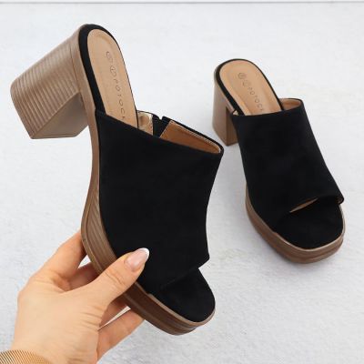 Klapki damskie zamszowe na słupku czarne Potocki 54309