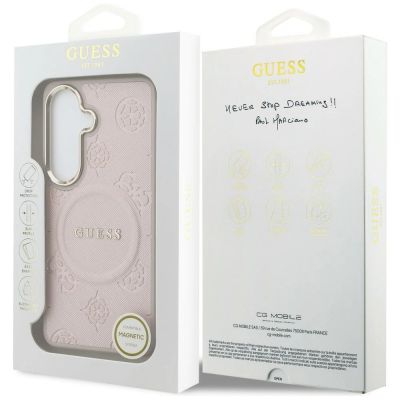 8. Etui Guess Saffiano Peony Embossed Ring MagSafe na Samsung Galaxy S26 - różowe