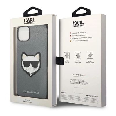 8. Etui Karl Lagerfeld Saffiano Choupette Head Patch na iPhone 14 Plus - srebrne