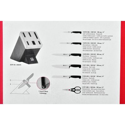 7. Zestaw noży  ZWILLING Four Star 35145-000-0 (Blok samoostrzący, Nożyczki, Nóż x 5)