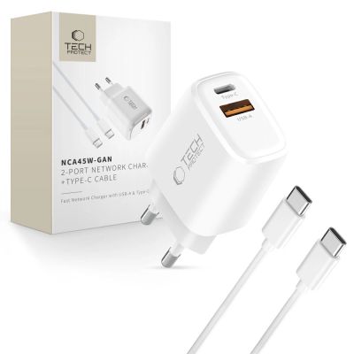 Ładowarka sieciowa Tech-Protect NCA45W-GAN 2-Porty 45W z kablem USB-C - biała