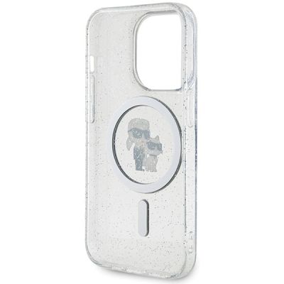 7. Etui Karl Lagerfeld Karl&Choupette Glitter MagSafe na iPhone 15 Pro - przezroczyste