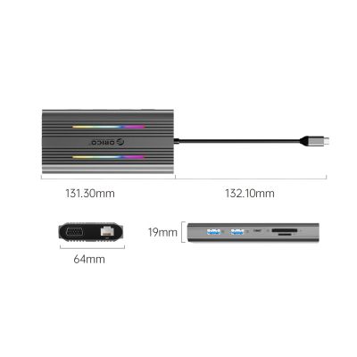 3. Stacja dokująca USB-C Orico XCR 12w1 RGB 3x USB-A USB-C PD 100W HDMI 4K VGA RJ45 Gigabit czytnik kart SD i microSD - szara