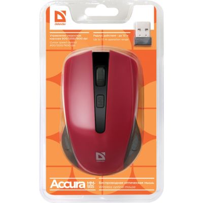 3. DEFENDER MYSZ BEZPRZEWODOWA ACCURA MM-935 RF CZERWONA OPTICAL 1600DPI 4P 52937