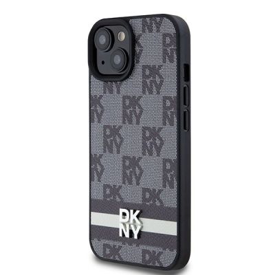 2. Etui DKNY Leather Checkered Mono Pattern & Printed Stripes na iPhone 15 Plus / 14 Plus - czarne