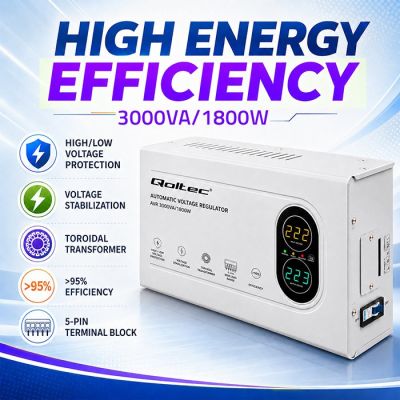 3. Qoltec Automatyczny Stabilizator napięcia AVR 3000VA | 1800W | Compact | Toroidalny transformator