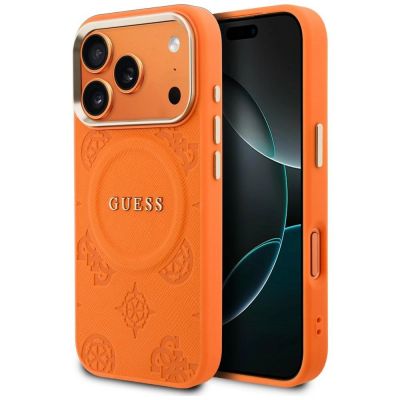 Etui Guess Peony Hot Stamp MagSafe na iPhone 17 Pro Max - pomarańczowe