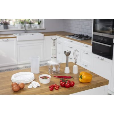 4. Blender ręczny-zestaw MPM MBL-43, pojemnik 500 ml z nożem ze stali nierdzewnej, przystawka miksująca ze stali nierdzewnej, Moc: 600W