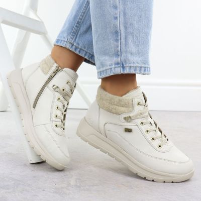 5. Skórzane wodoodporne traperki damskie kremowe Remonte Rieker D2V71-80