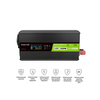 19. GREEN CELL PRZETWORNICA LCD 12V/230V 500W/1000W CZYSTY SINUS INVGC12P500LCD