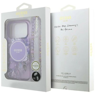 8. Etui Guess IML Flowers Pearl Strap MagSafe na iPhone 18 Pro Max / 17 Pro Max - fioletowe