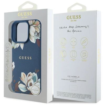 8. Etui Guess Grained Printed Flower Pattern MagSafe do iPhone 16 Pro niebieski