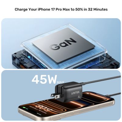 15. UNITEK ŁADOW. SIECIOWA 2X GAN 45W, 2XUSB-C PD 3.0, QC, CZARNA