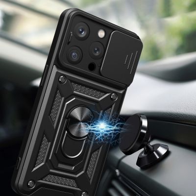 2. Pancerne etui z podstawką i osłoną aparatu do iPhone 15 Pro Hybrid Armor Camshield - niebieskie