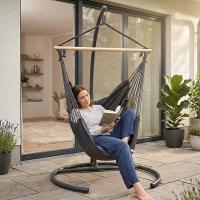 9. HAMAK FOTEL BRAZYLIJSKI 100X130CM I 2 PODUSZKI 40x40CM CZARNY