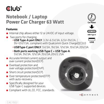 7. CLUB3D CAC-1922 ładowarka do urządzeń przenośnych Laptop Czarny Zapalniczka Automatyczna