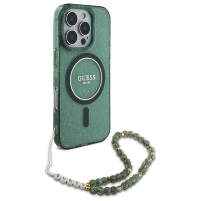3. Etui Guess IML Glitter With Pearl Strap MagSafe na iPhone 16 Pro Max - zielone