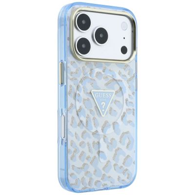 4. Etui Guess IML Leopard Glitter Triangle Logo MagSafe do iPhone 17 Pro / 18 Pro - niebieskie