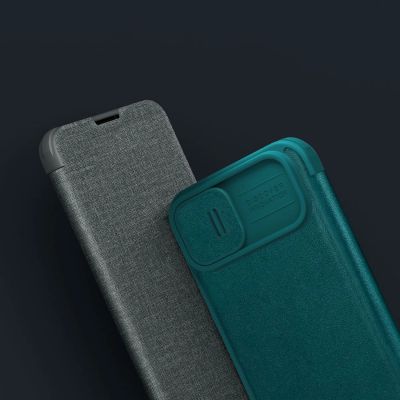 21. Nillkin Qin Cloth Pro Case etui do iPhone 14 Plus osłona na aparat kabura pokrowiec obudowa z klapką szary