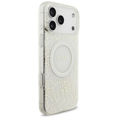 4. Etui Guess IML Flowers Allover Electroplated with Pearl Strap MagSafe na iPhone 18 Pro Max / 17 Pro Max - białe
