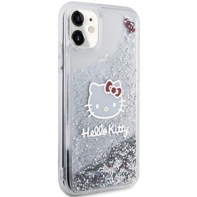4. Etui Hello Kitty Liquid Glitter Charms Kitty Head na iPhone 11 / Xr - srebrne