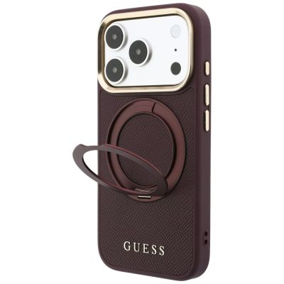 2. Etui Guess Ring Stand 360 Grained Classic Logo MagSafe na iPhone 18 Pro / 17 Pro - burgundowe