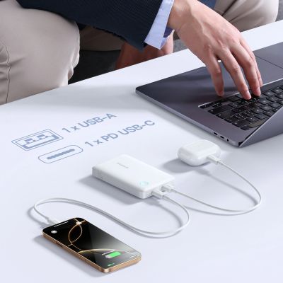 11. Powerbank Baseus EnerFill FP11 10000mAh 15W z białym kablem USB-C 20V/3A 30cm - biały