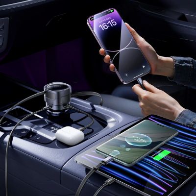 9. Ładowarka samochodowa Baseus Enjoyment Max 90W 2x USB-C + kabel USB-C i Lightning – czarna
